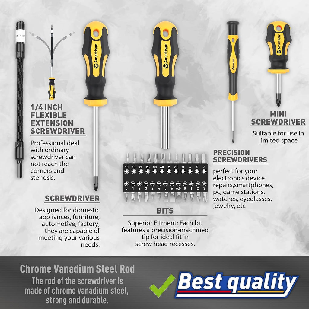 Magnetic Screwdrivers Set with Case, Amartisan 43-piece Includs Slotted, Phillips, Hex, Pozidriv,Torx and Precision Screwdriver Set, Magnetizer Demagnetizer Tools, Tools for Men