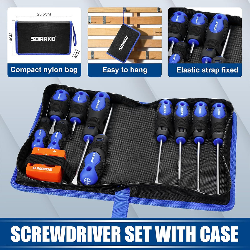 SORAKO 12 Piece Magnetic Screwdriver Set 5 Phillips and 5 Flat 1 Magnetising Tool 1 Storage Bag Professional Cushion Grip Hand Tools Set for Fastening and Loosening Seized