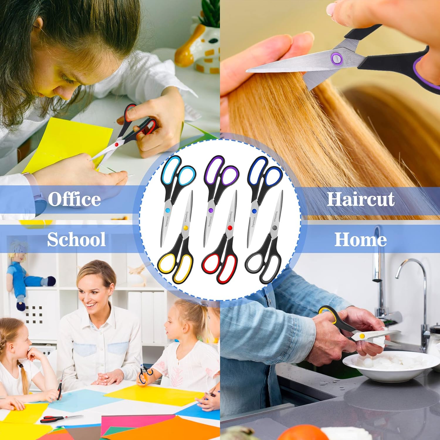 6 Pcs 8” Scissors, Sharp Stainless Steel Comfort Grip for Everyday Use