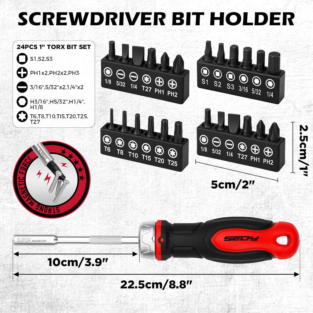 26-Piece Ratcheting Screwdriver Bit Set with 1/4" Magnetic Ratchet Driver, S2 Steel Bits, Telescopic Magnetic Extension Rod, Torx Phillips Slotted & Hex Bits Kit for Home Repair, Garage and DIY
