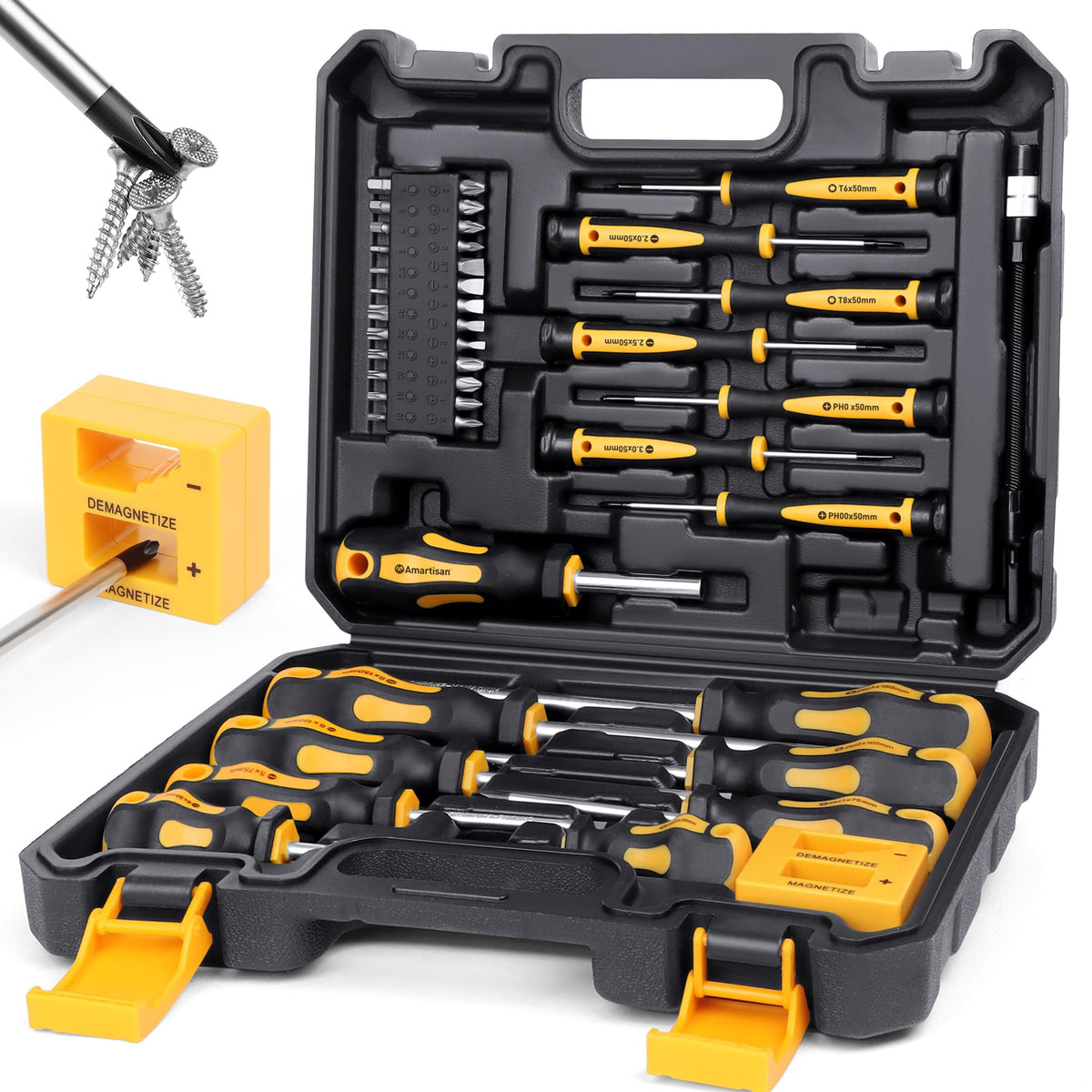 Magnetic Screwdrivers Set with Case, Amartisan 43-piece Includs Slotted, Phillips, Hex, Pozidriv,Torx and Precision Screwdriver Set, Magnetizer Demagnetizer Tools, Tools for Men (Green))
