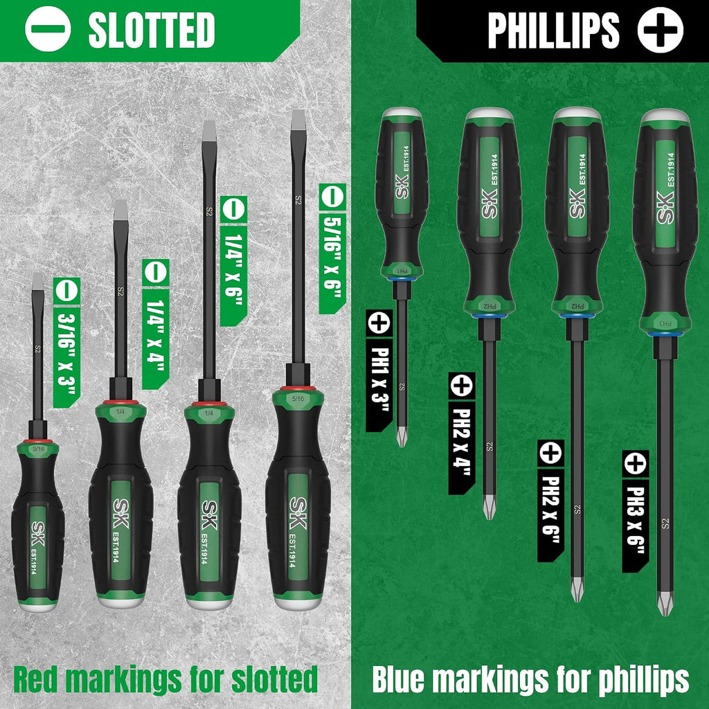 SK 8-Piece Screwdriver Set Heavy Duty, Demolition Screwdriver, S2 Steel