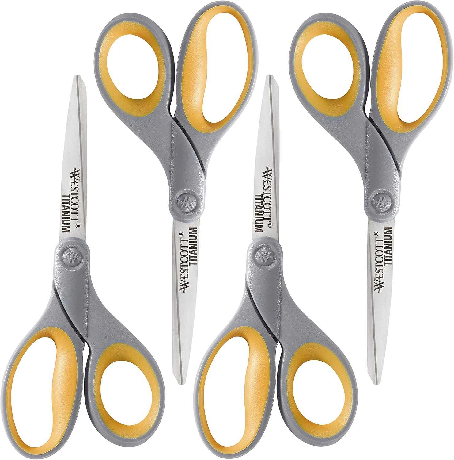 Westcott 8-Inch Titanium Bonded Scissors for Home, Office, and Classroom - Perfect for Cutting Paper, Sewing, and Crafts - Heavy-Duty Design with Soft Handle - Gray/Yellow - 4-Pack