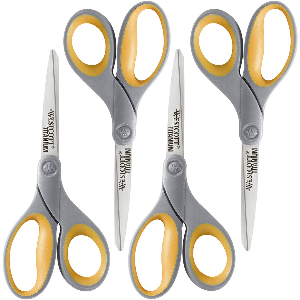 Westcott 8-Inch Titanium Bonded Scissors for Home, Office, and Classroom - Perfect for Cutting Paper, Sewing, and Crafts - Heavy-Duty Design with Soft Handle - Gray/Yellow - 4-Pack