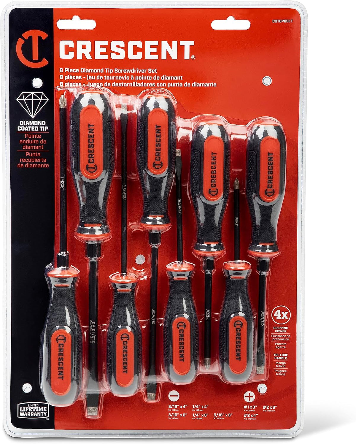 Crescent 8PC Diamond Tip Dual Material Screwdriver Set with Phillips and Slotted Screwdrivers - CDT8PCSET